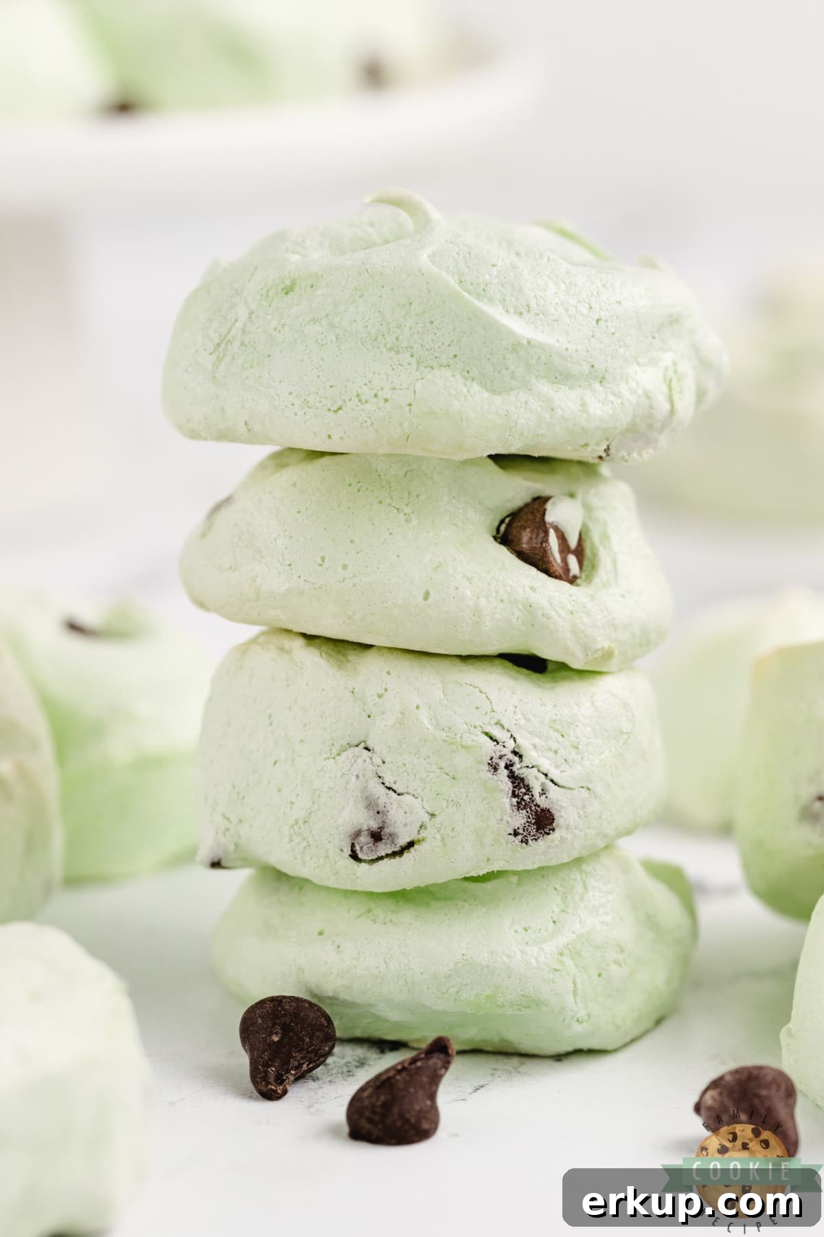 Mint Chocolate Chip Meringue Cookies 6 Stack of meringue cookies.