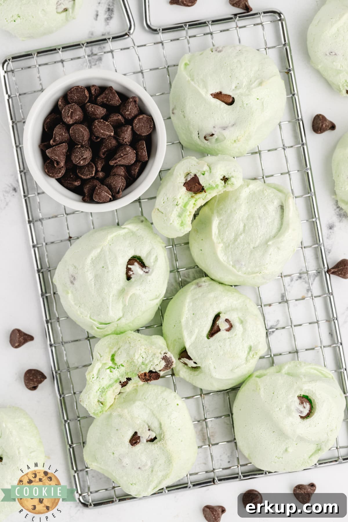Mint Chocolate Chip Meringue Cookies 4 Mint Chocolate Chip Meringue Cookies cooling on a wire rack.