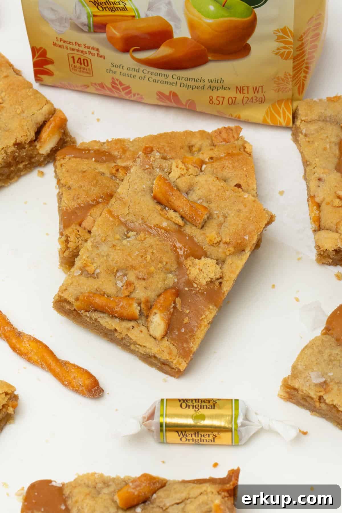 caramel apple kitchen sink cookie bars cut into rectangles