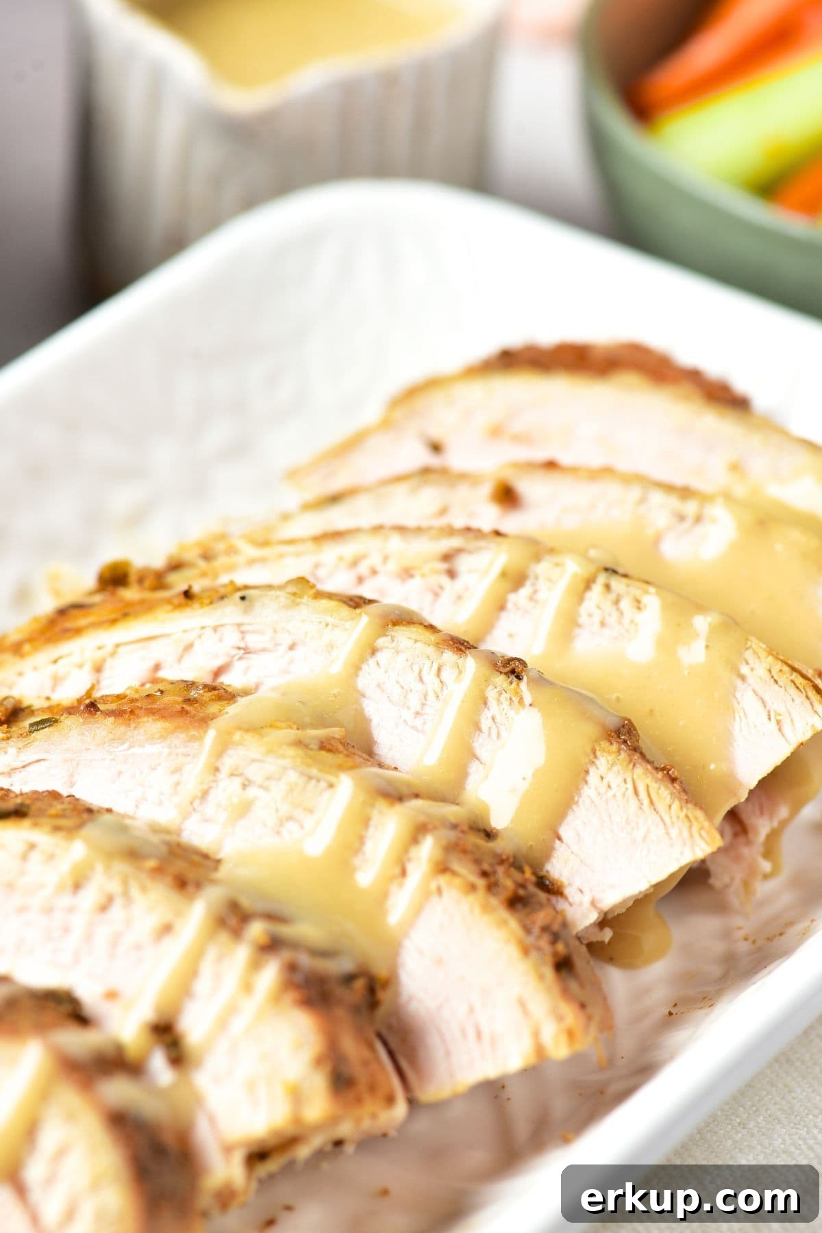 Up close view of gravy drizzled over turkey breast