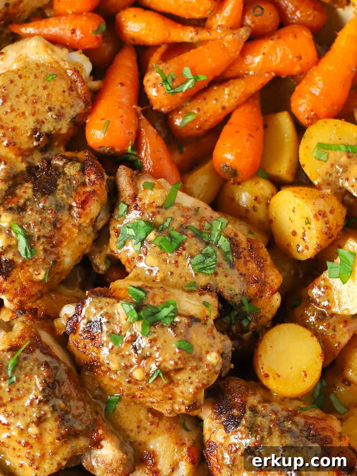 Roasted chicken thighs with honey and mustard sauce drizzled over.