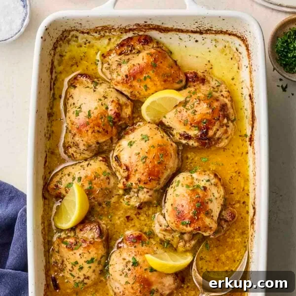A baked lemon chicken dish with slices of lemons and cooked chicken thighs with herbs over the top.