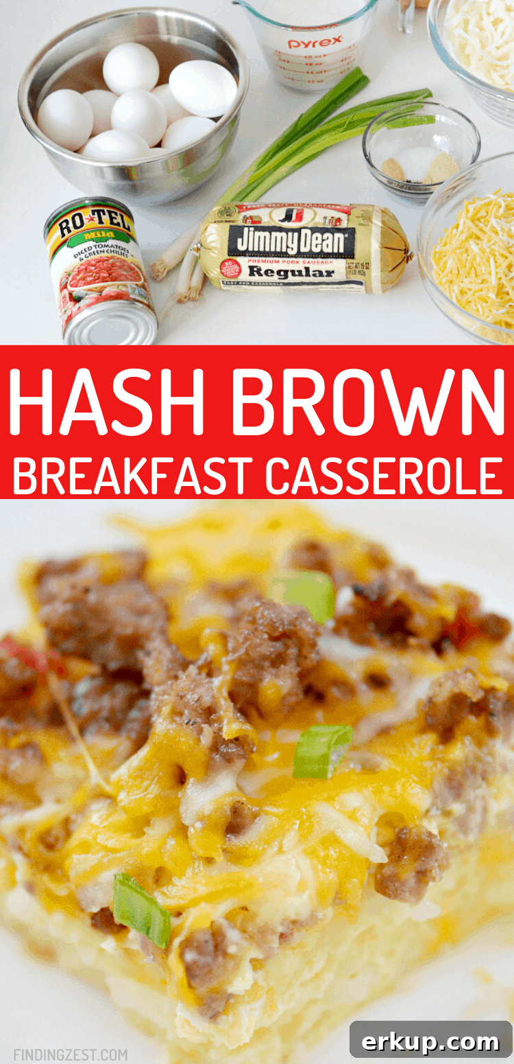 Hash brown breakfast casserole has never been more flavorful than this hearty option! Feed a crowd with this easy sausage hash brown casserole guaranteed to please. Features bulk sausage, fresh hash browns, eggs, diced tomatoes with chilis, and plenty of cheese!