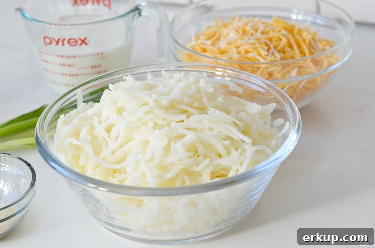 Fresh shredded hash browns in a bowl for egg bake