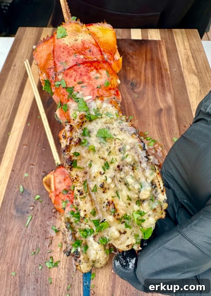 Garlic Butter Grilled Lobster Skewers 2 Grilled Lobster Skewers plated