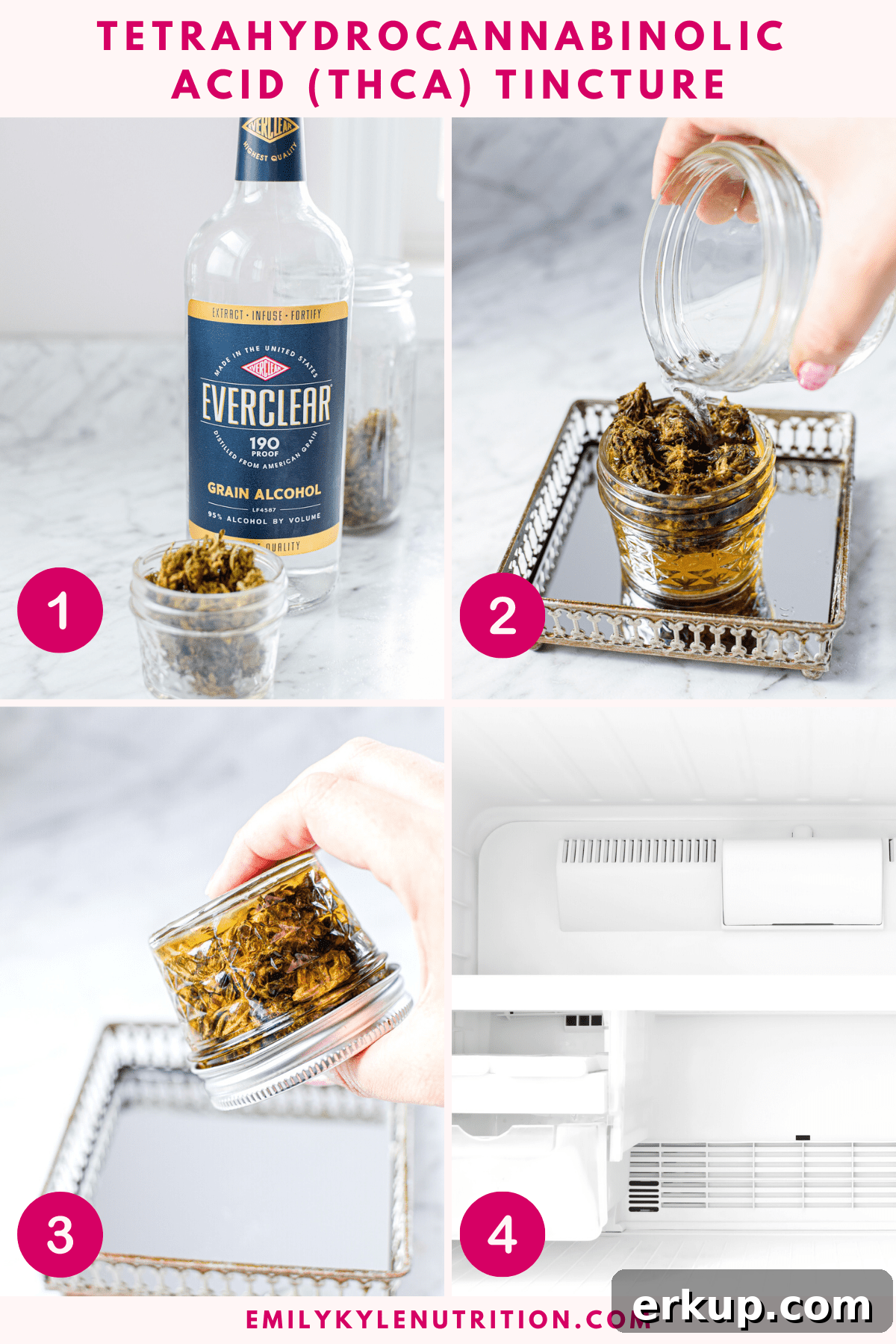 How to Make a THCA Tincture at Home 3 A 4 step image collage, the first showing mason jar and ever clear, the second, the alcohol being poured over the cannabis, the third it being gently shaken, the fourth being put in the freezer