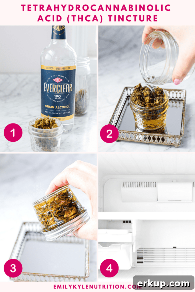 How to Make a THCA Tincture at Home 4 A 4 step image collage, the first showing mason jar and ever clear, the second, the alcohol being poured over the cannabis, the third it being gently shaken, the fourth being put in the freezer