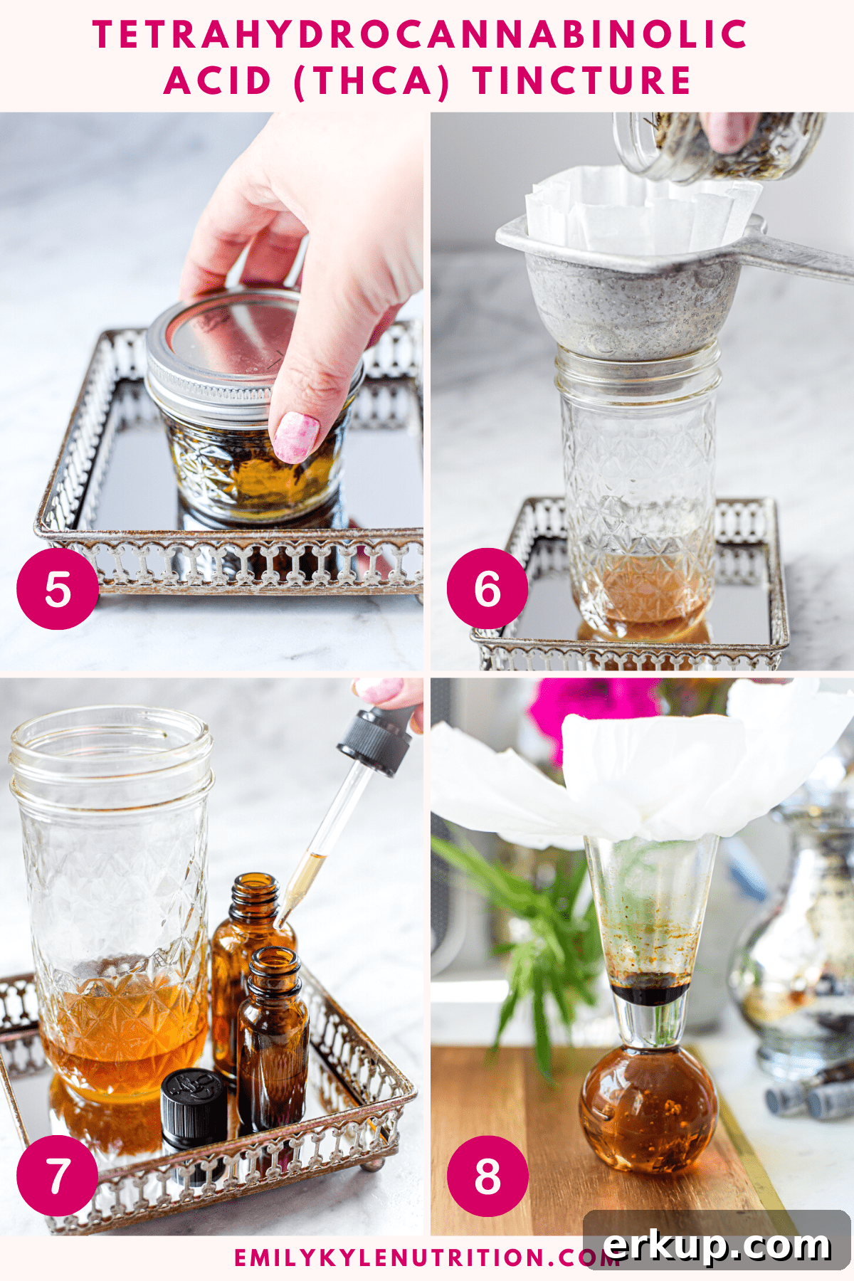 How to Make a THCA Tincture at Home 5 A 4 step image collage showing steps 5-8 for making a Cannabidiolic Acid Tincture the first taking the lid off the jar, the second a hand pouring the contents through a filter, the third is putting the tincture in a dropper bottle and the fourth is the tincture dried out and made into feco