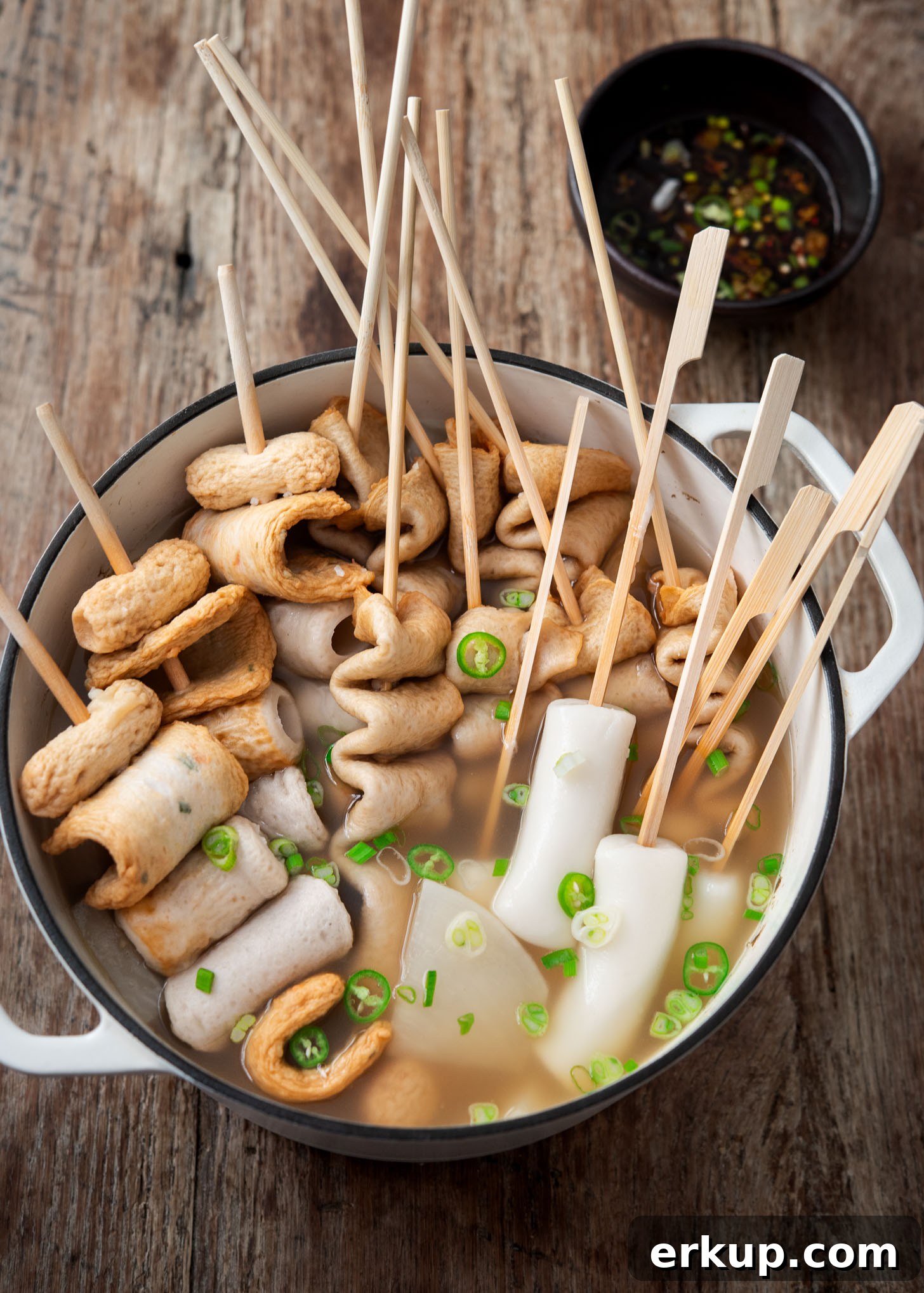 Korean fish cake soup (odeng guk) ready to serve in a pot 