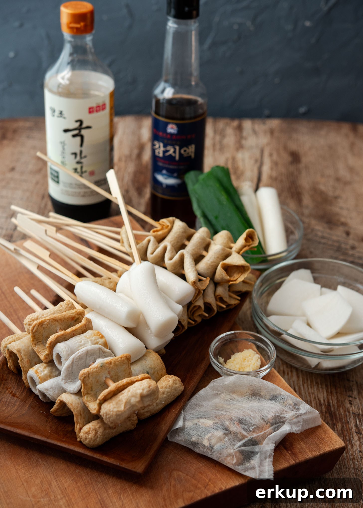 Ingredients laid out for making Korean fish cake soup (odeng guk)