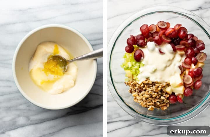 Making dressing and adding to a bowl of Waldorf salad