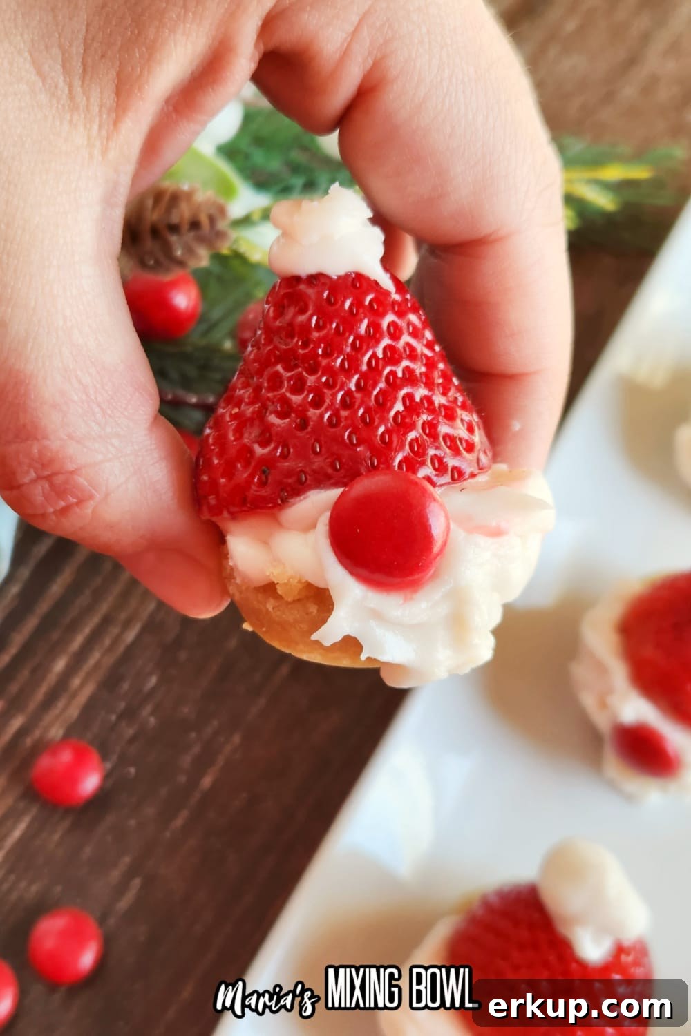 santa gnome cookie cup held in a woman's hand