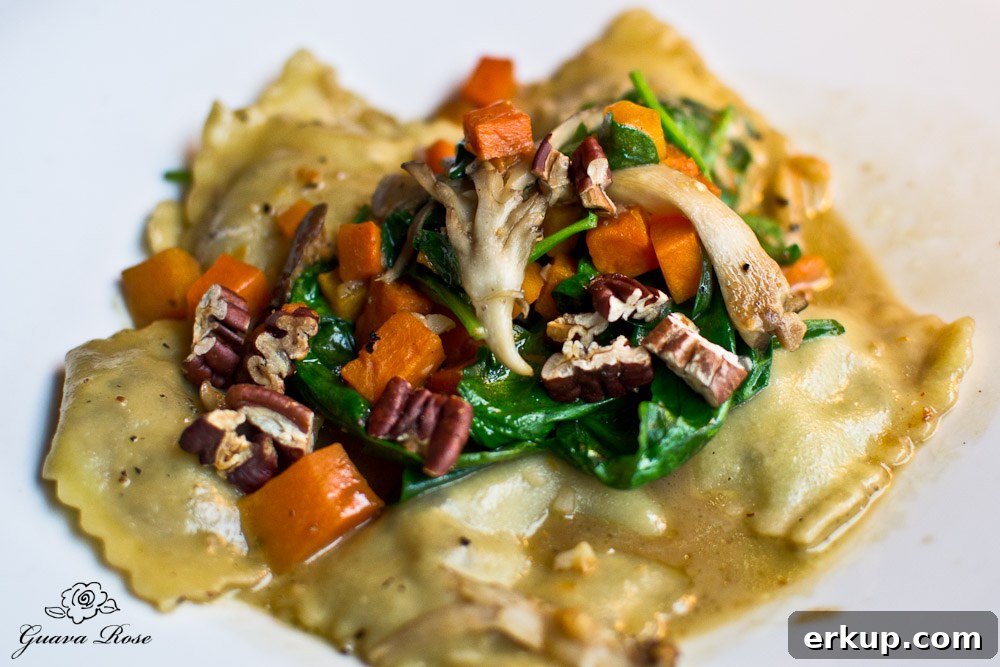 House Made Shiitake Mushroom & Sierra Nevada Goat Cheese Ravioli roasted butternut squash, forest blend, mushrooms, baby spinach, toasted pecans