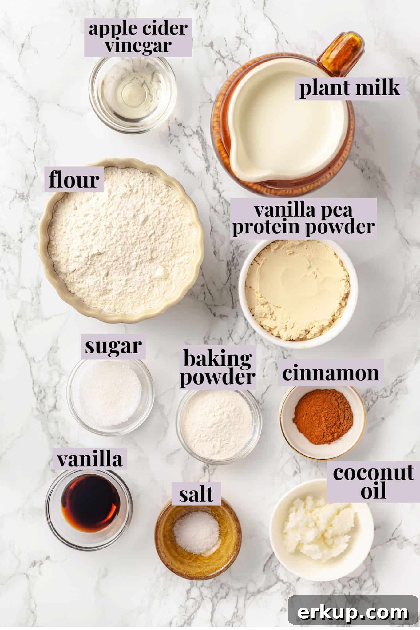 Overhead view of ingredients for protein pancakes