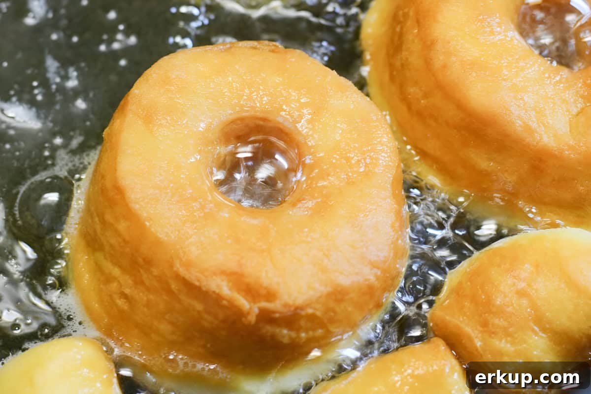 Cinnamon Sugar Donuts Recipe From Scratch 11 cinnamon sugar donuts being fried in oil.