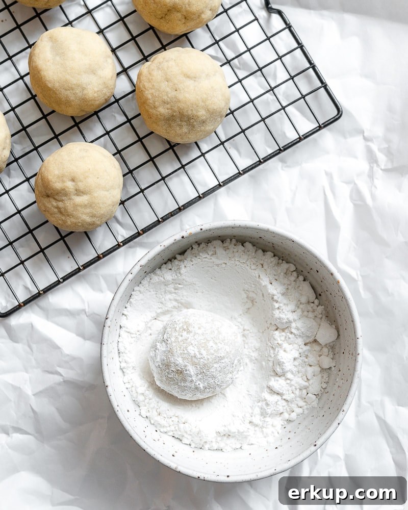balls of dough alongside powdered sugar in bowl