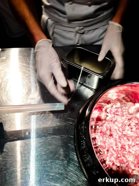 putting the casing on the sausage stuffer.