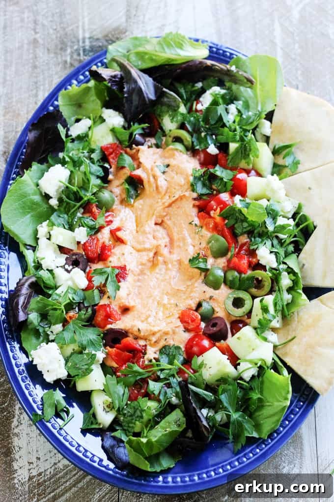 Hummus platter with vegetables and pita bread on blue plate