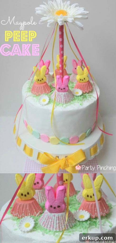 Peep cake, maypole cake, maypole, cute peeps, bunny peeps, easter cake, may day ideas, easter dessert ideas, necco wafers, peeps