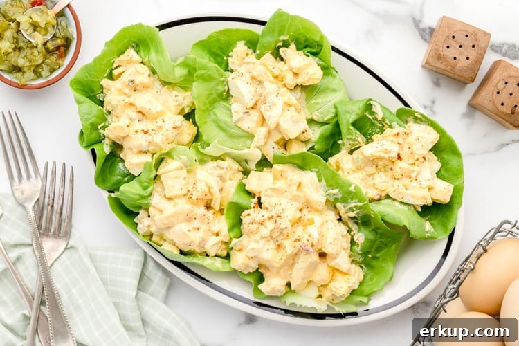 Keto Deviled Eggs with Everything Bagel Seasoning Recipe 9 overhead view of bibb lettuce with keto low carb egg salad inside