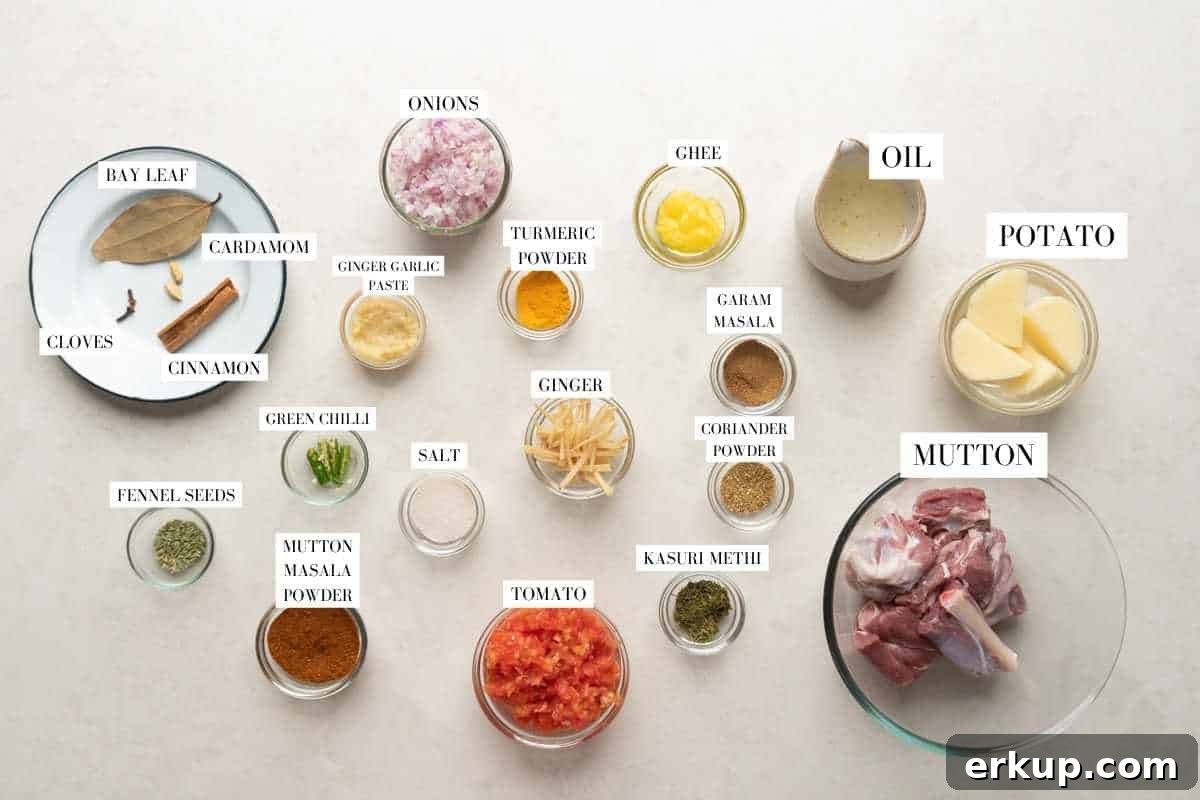Pressure Cooker Mutton Curry: Lamb Curry Recipe 4 All the ingredients for mutton curry laid out with text to identify them
