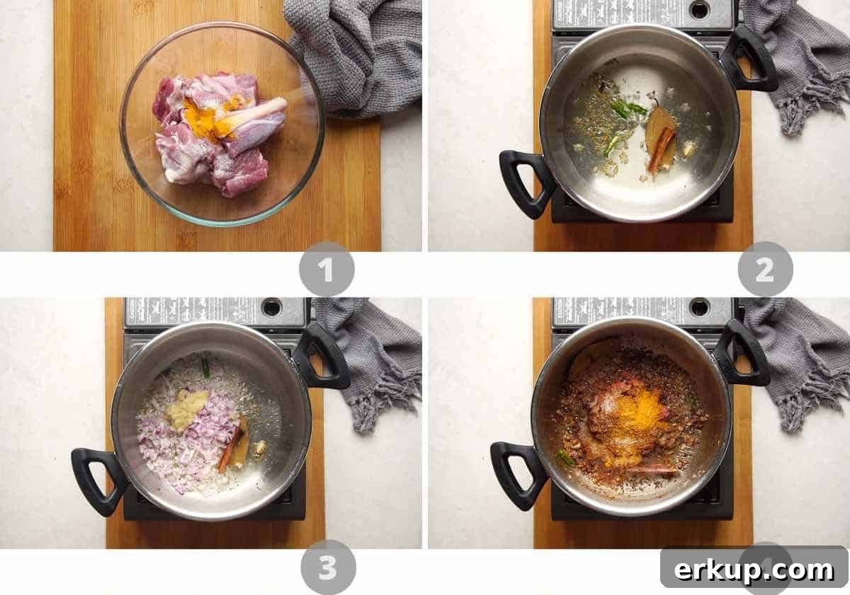 Pressure Cooker Mutton Curry: Lamb Curry Recipe 5 Step by step picture collage showing how to make mutton curry