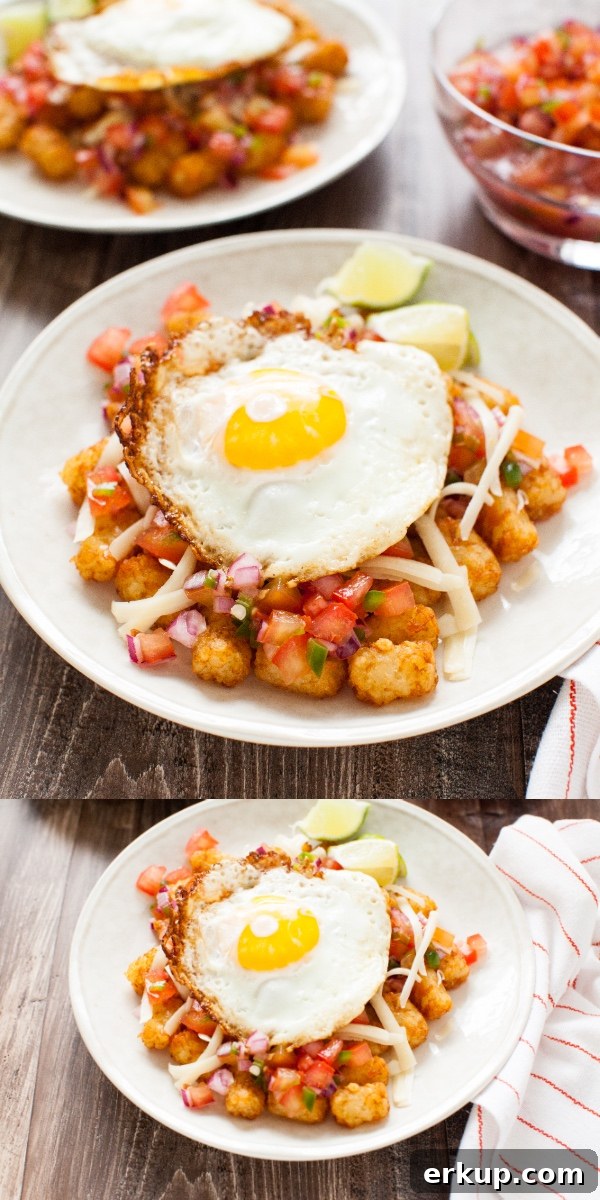 Totchos (tater tot nachos) with a fried egg on top! from thelittlekitchen.net Totchos (tater tot nachos) with a fried egg on top! from thelittlekitchen.net