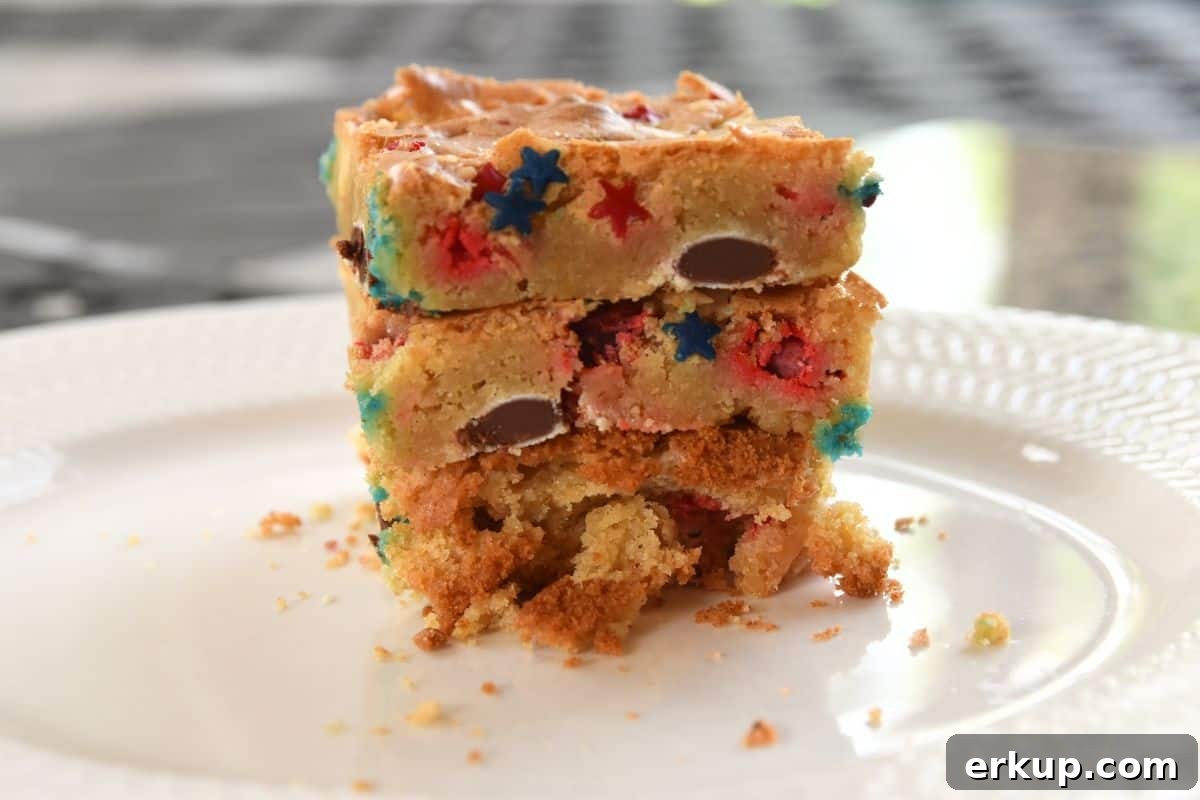 Red, White and Blue Blondies Recipe for Fourth of July 11 stack of red white and blue blondies
