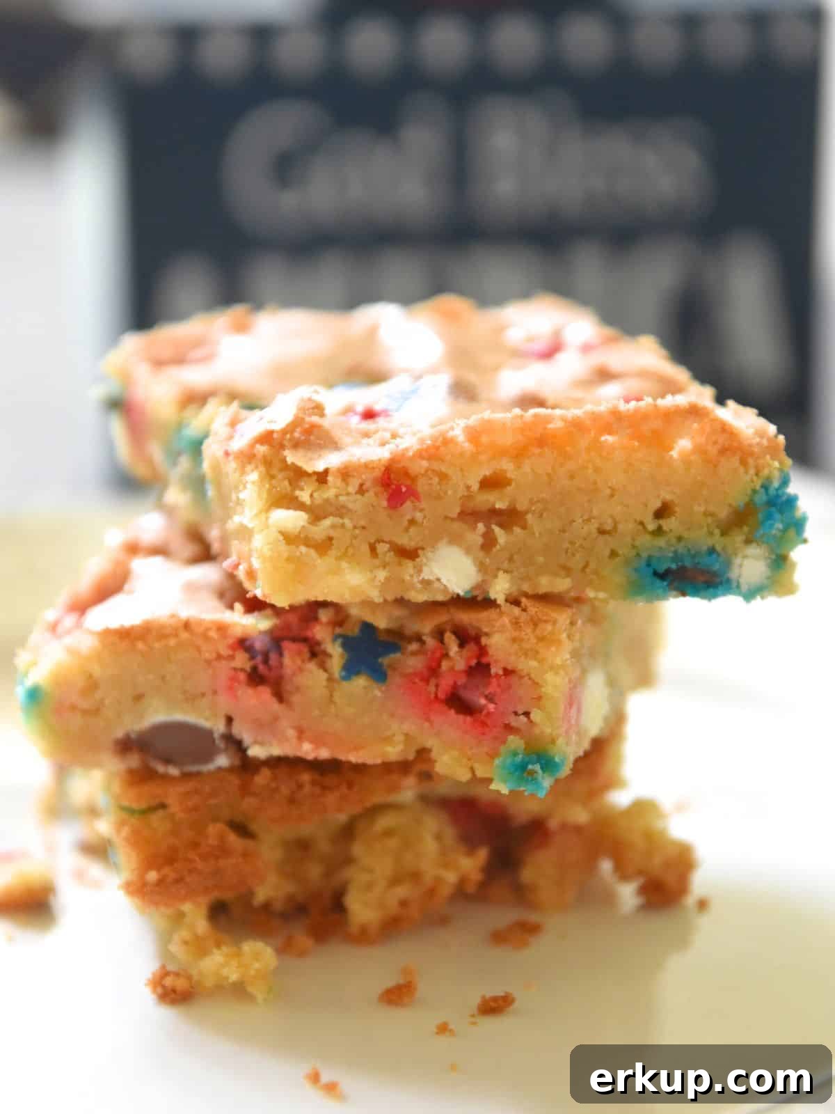 Red, White and Blue Blondies Recipe for Fourth of July 12 stack of blondies with m&ms