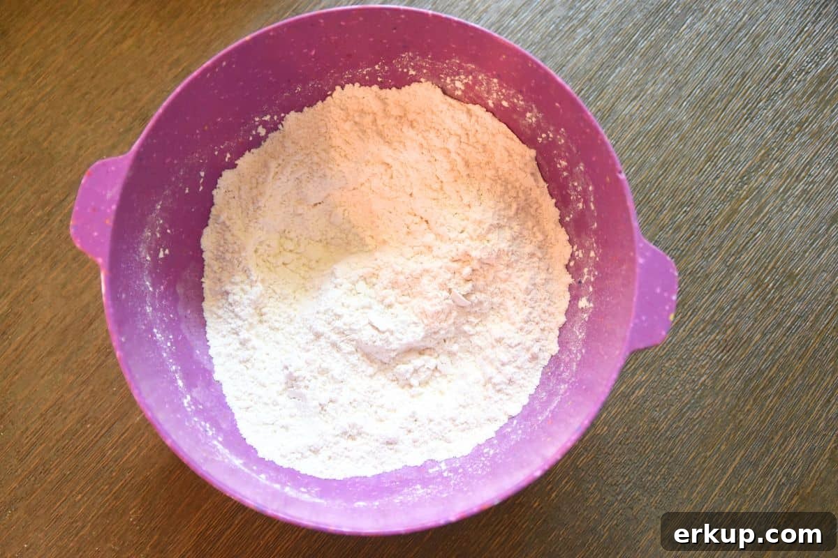 Red, White and Blue Blondies Recipe for Fourth of July 4 flour in a purple bowl