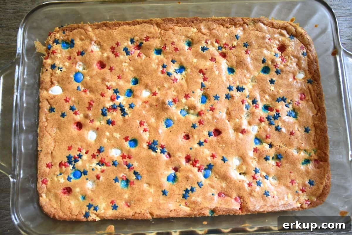 Red, White and Blue Blondies Recipe for Fourth of July 10 m&m blondies in a pan