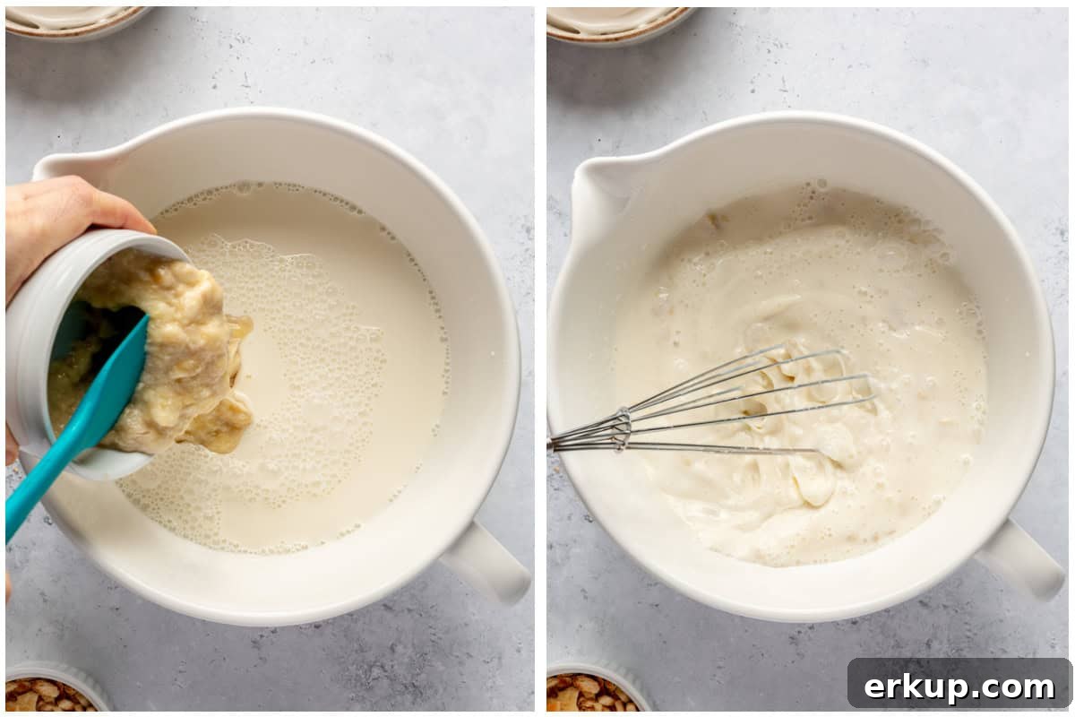 Adding mashed banana to cream and sugar to make ice cream.