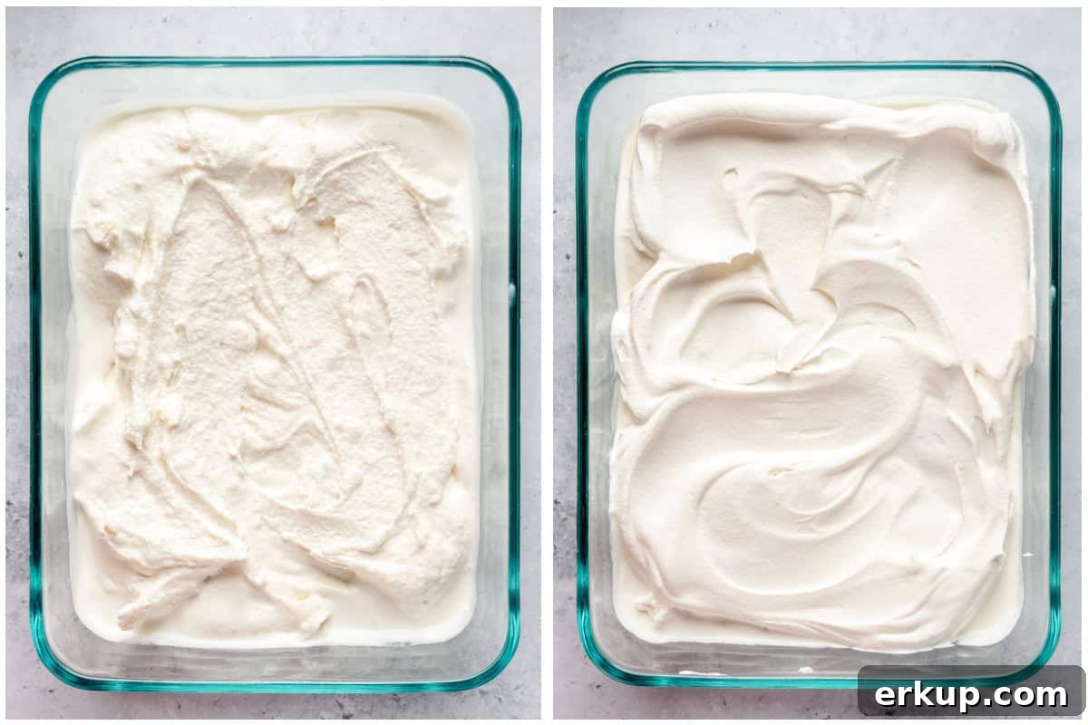 Layering ice cream with whipped topping. 