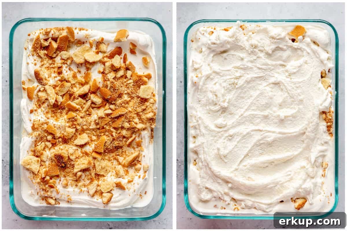 Adding layers of crumbled vanilla wafers and more ice cream.