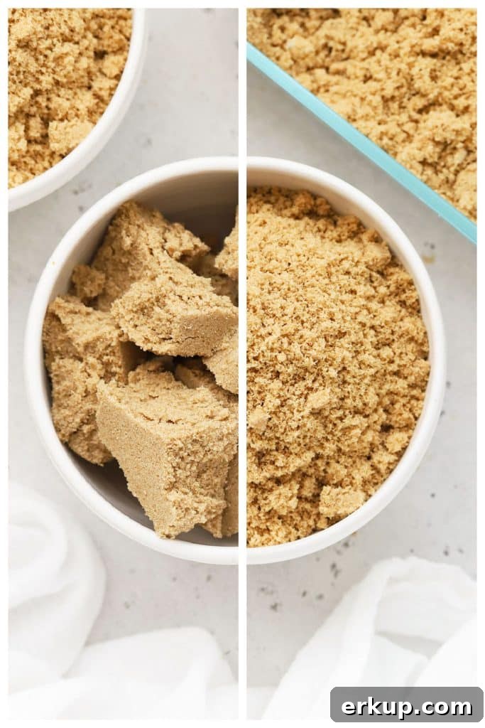 a before and after comparison of hard brown sugar and softened brown sugar