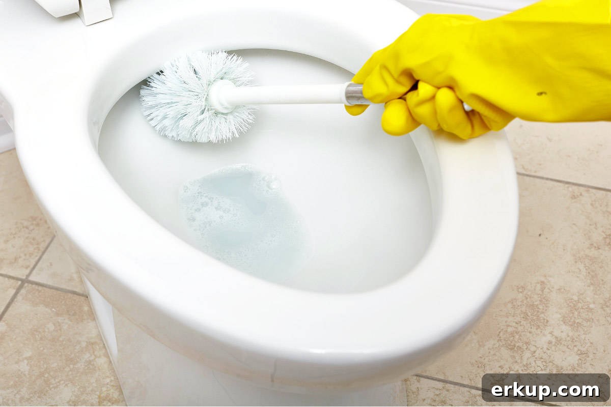 a hand in a rubber glove scrubbing a toilet bowl with a toilet brush