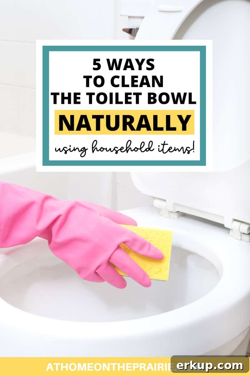 a hand in a rubber glove using a scrubby to clean a toilet with text over the picture that says "5 ways to clean the toilet bowl naturally with household ingredients"