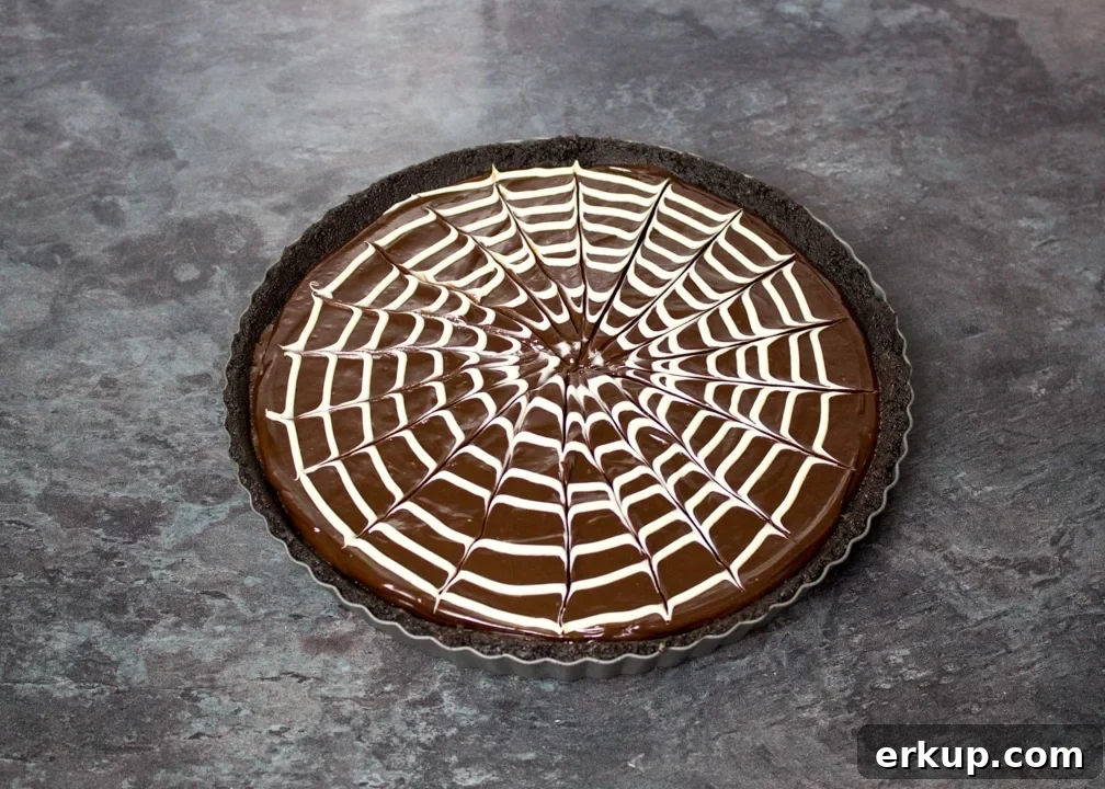 White chocolate spider web pattern skewered on top of a chocolate tart