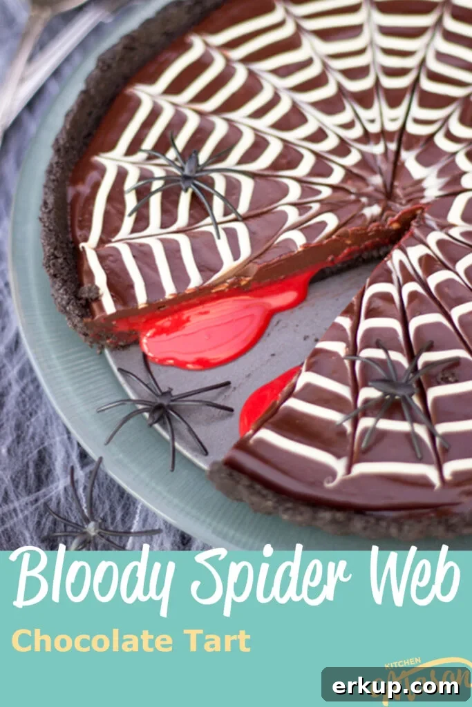 A bloody spider web chocolate tart with a slice taken out of it and 'blood' spilling out on a green plate over a dark spider web covered backdrop. There are 3 black plastic spiders on the plate/dessert.