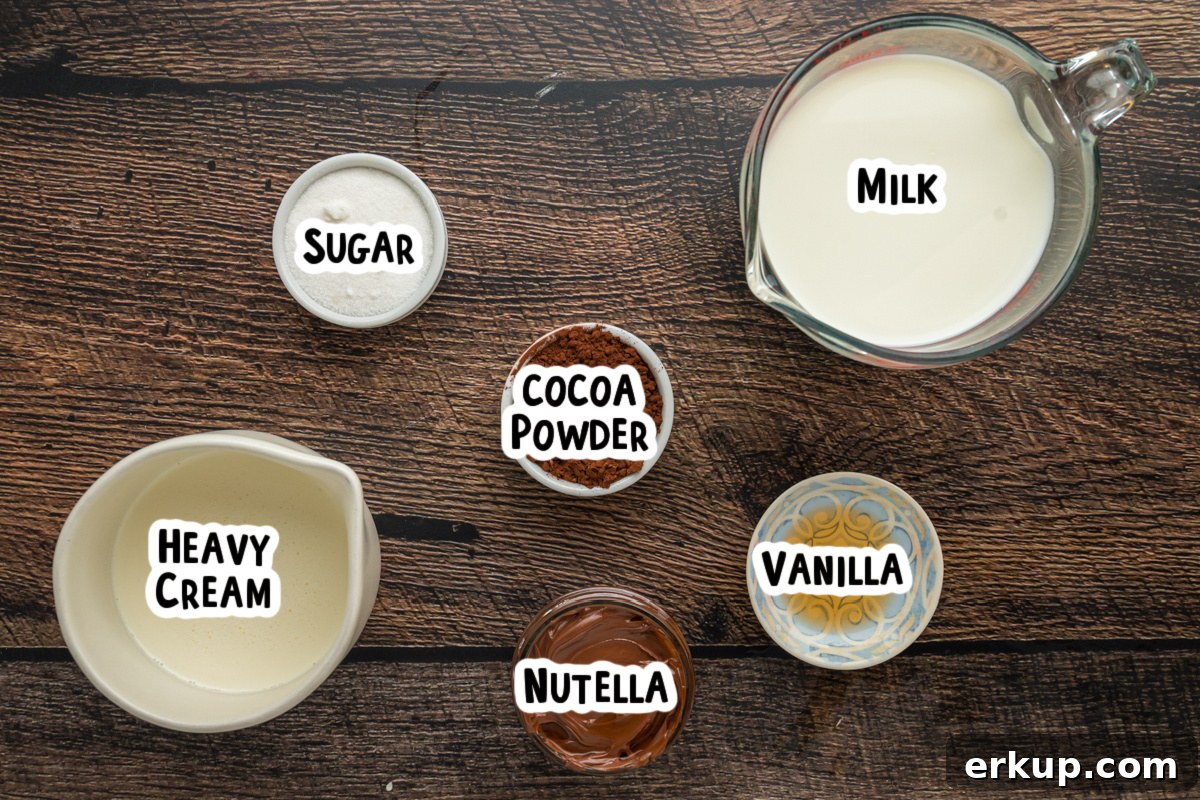 Ingredients for nutella hot chocolate on a table.