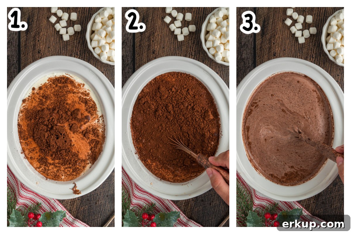 Three images showing how to make nutella hot chocolate in a crockpot.