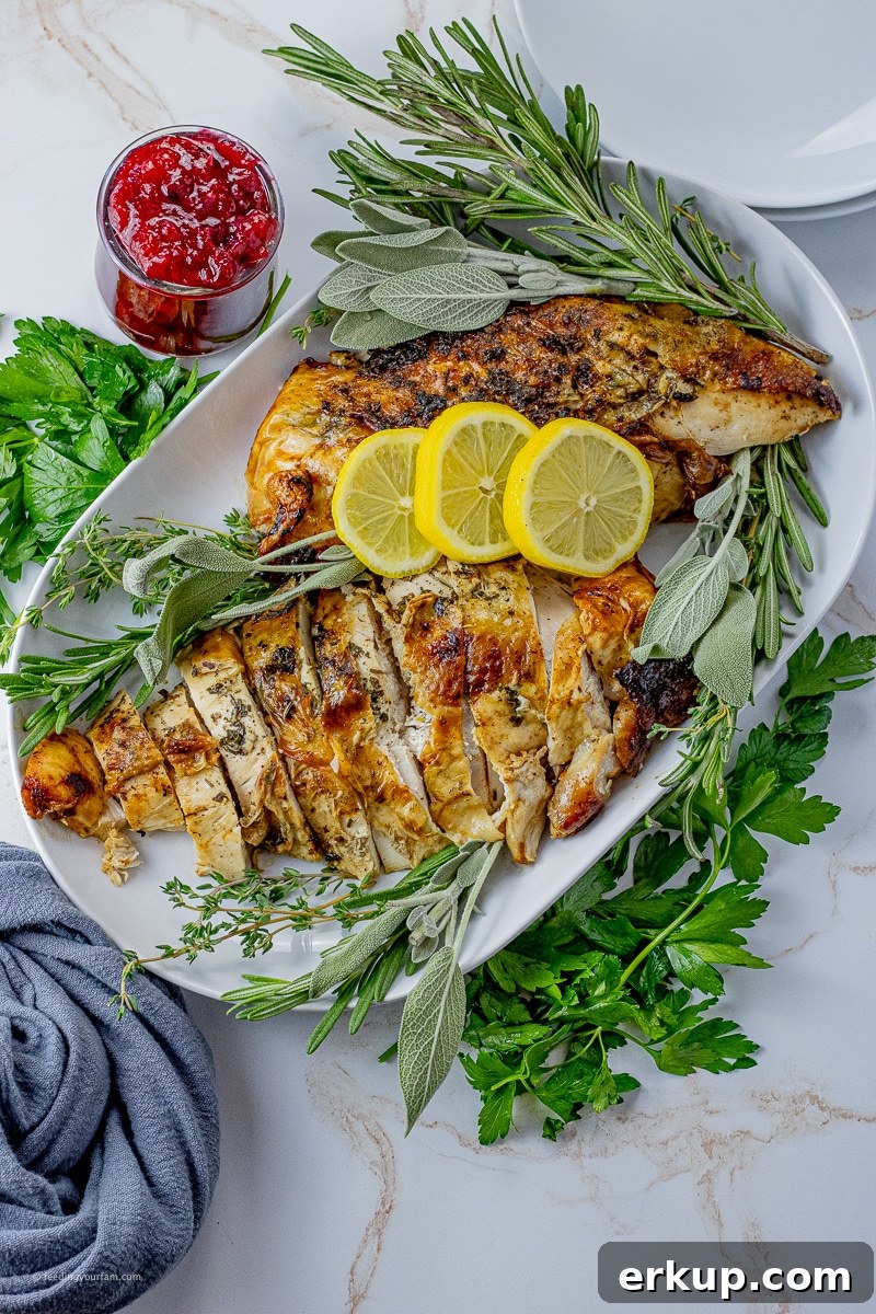 Oven-Roasted Turkey Breast Recipe for Juicy Results 2 two turkey breasts on a white serving platter with fresh sprigs of rosemary, time and sage