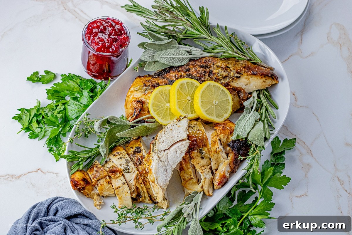 Oven-Roasted Turkey Breast Recipe for Juicy Results 4 sliced turkey breast on a white serving platter with fresh herbs and lemon slices around it