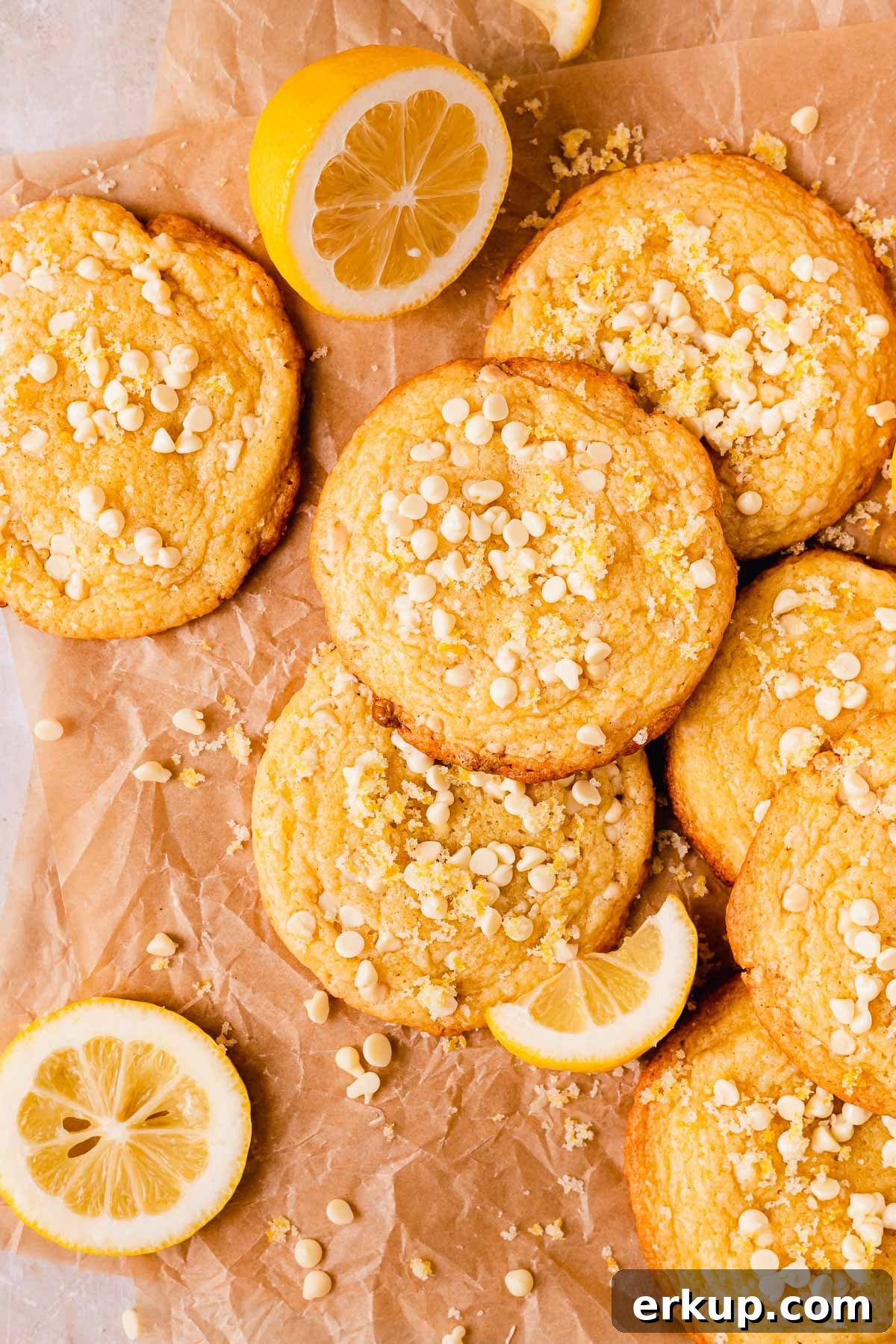 Zesty Lemon White Chocolate Cookies Recipe 2 lemon white chocolate cookies topped with mini white chocolate chips and lemon zest sugar