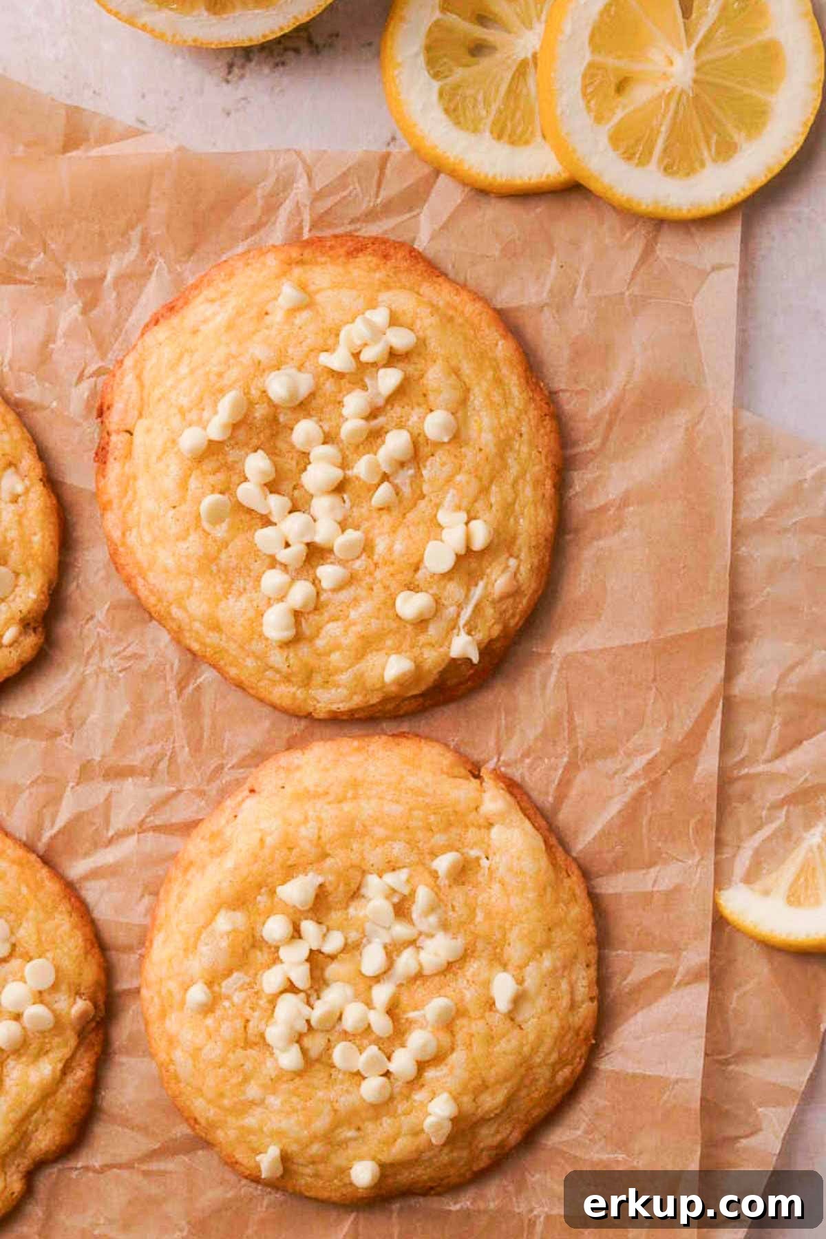 Zesty Lemon White Chocolate Cookies Recipe 11 freshly baked lemon white chocolate cookies on parchment paper