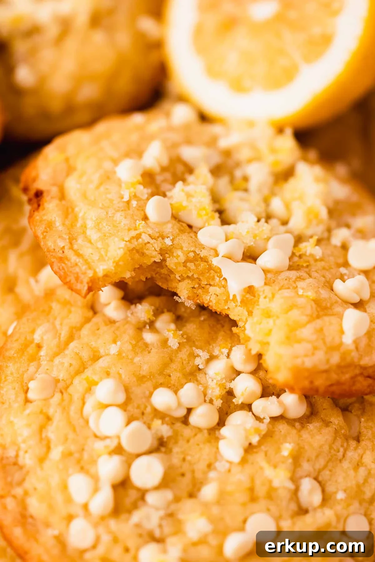 Zesty Lemon White Chocolate Cookies Recipe 13 texture of bitten lemon white chocolate cookie