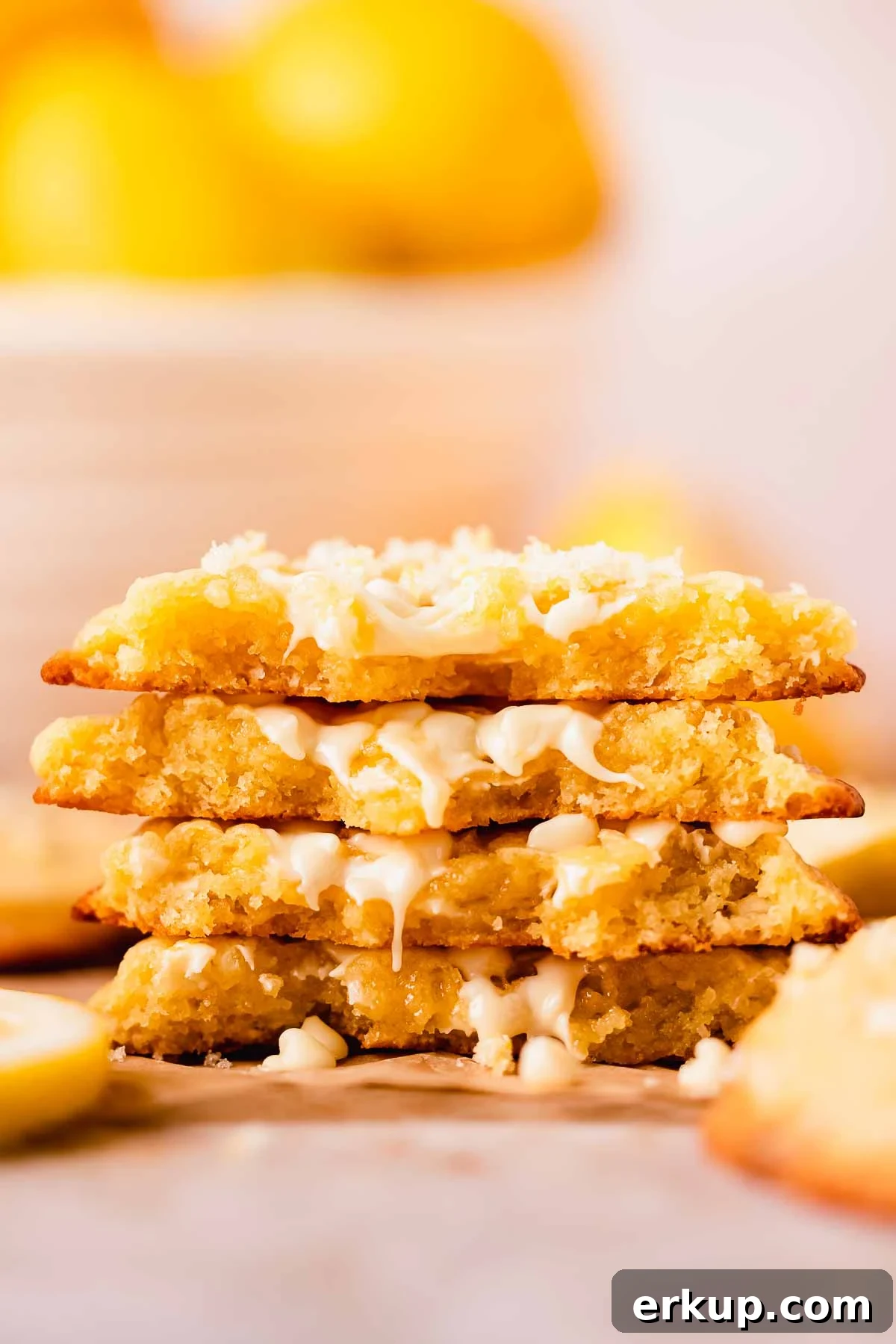 Zesty Lemon White Chocolate Cookies Recipe 3 stacked lemon white chocolate chip cookies