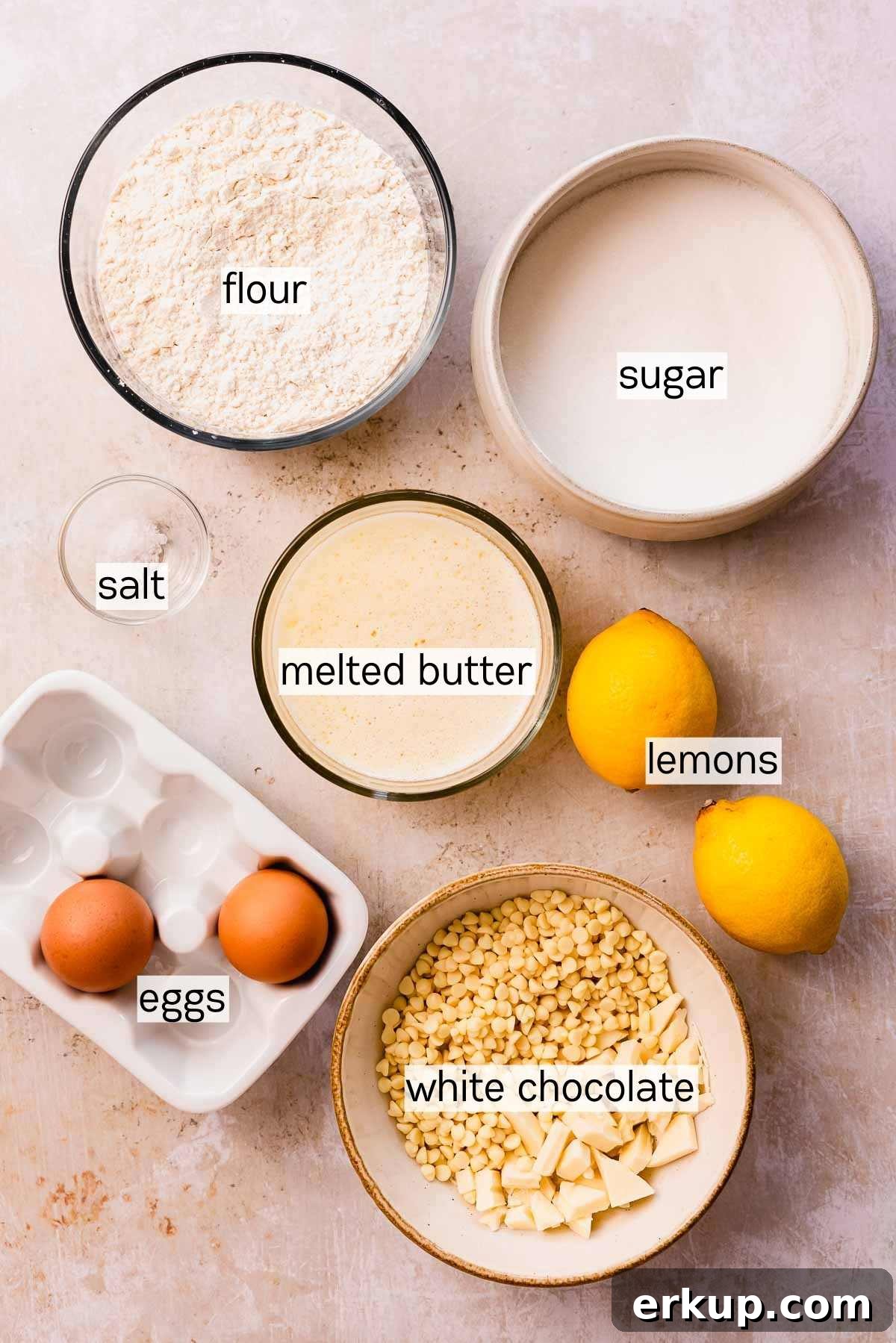 Zesty Lemon White Chocolate Cookies Recipe 4 lemon white chocolate cookies ingredients in individual bowls