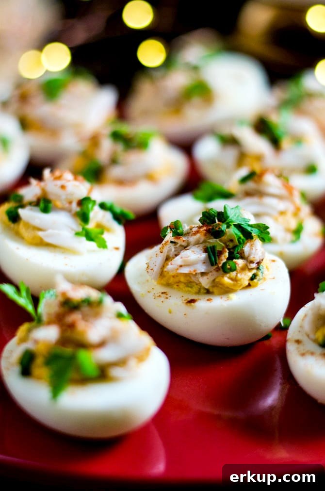 Creole Crab-Stuffed Deviled Eggs. These party appetizers feature the flavors of zesty Creole remoulade and sweet lump crab meat!