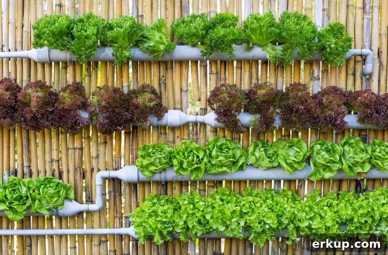 7 Vertical Gardening Tips for Urban Food Lovers 2 Rows of lettuce planted in horizontal pipes on a bamboo fence.